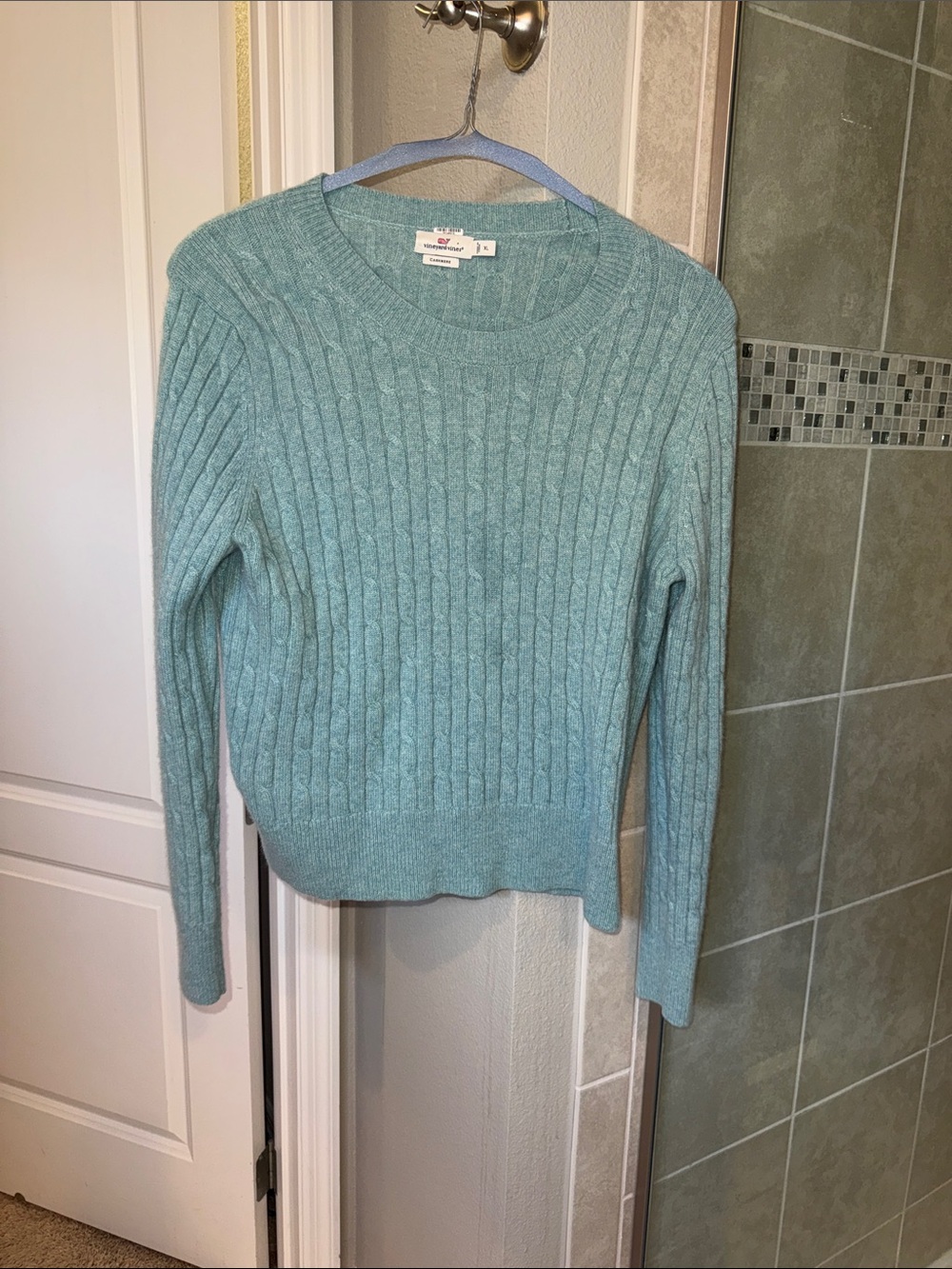 Vineyard Vines Cashmere Cable Knit Sweater - Light Teal Size XL Dry Cleaned Once